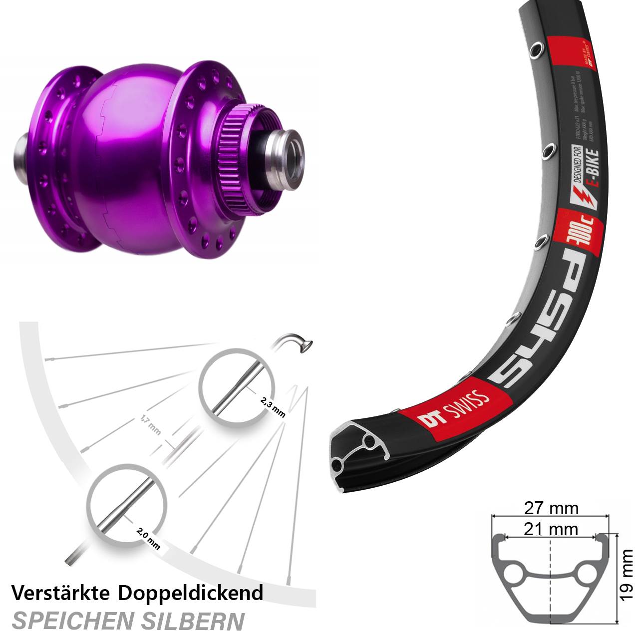 Disc Nabendynamo-Laufrad DT Swiss 545d SON 28 Zoll violett 12x100