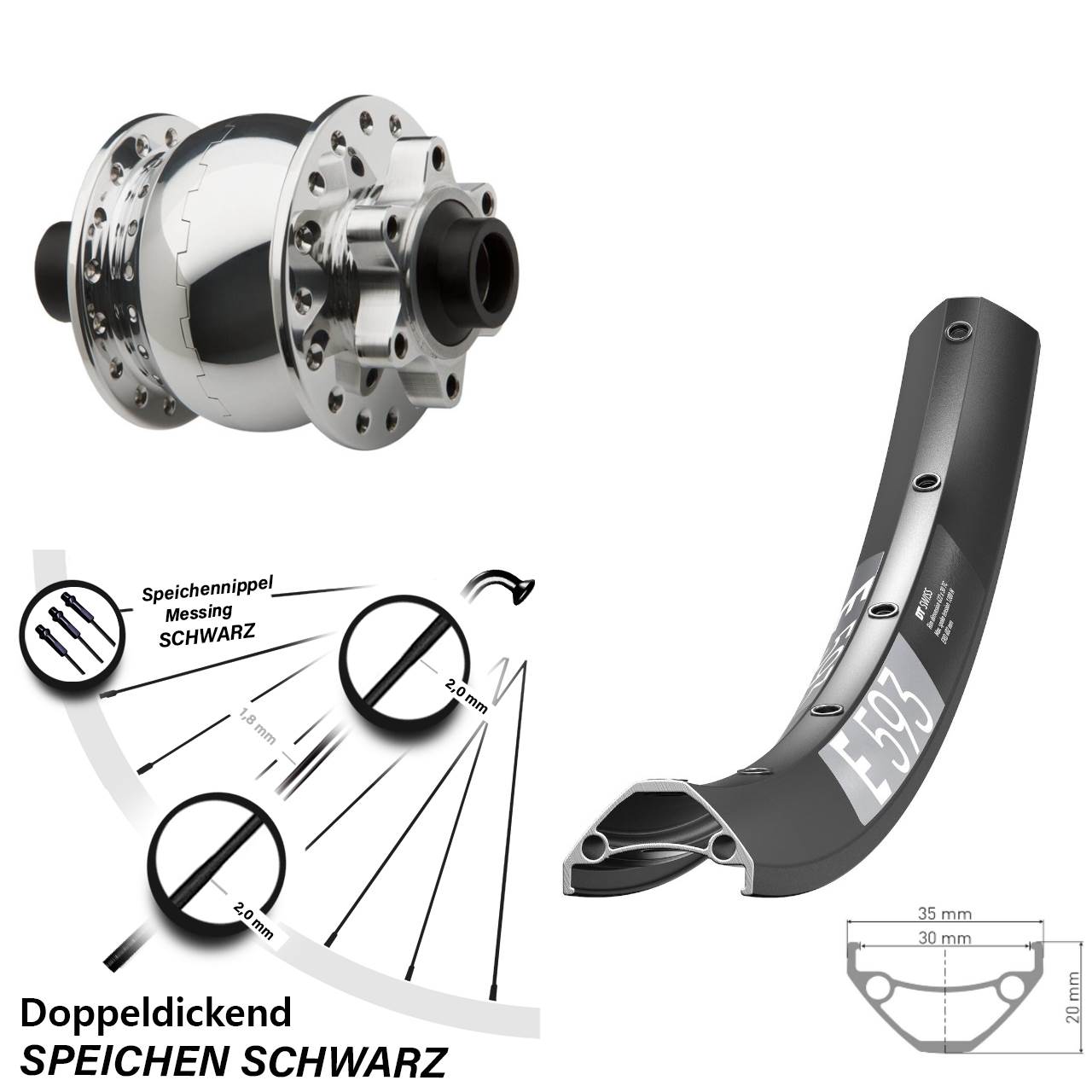 650B DT Swiss E593 SON 28 poliert Dynamo-Vorderrad 6-Loch 15x100