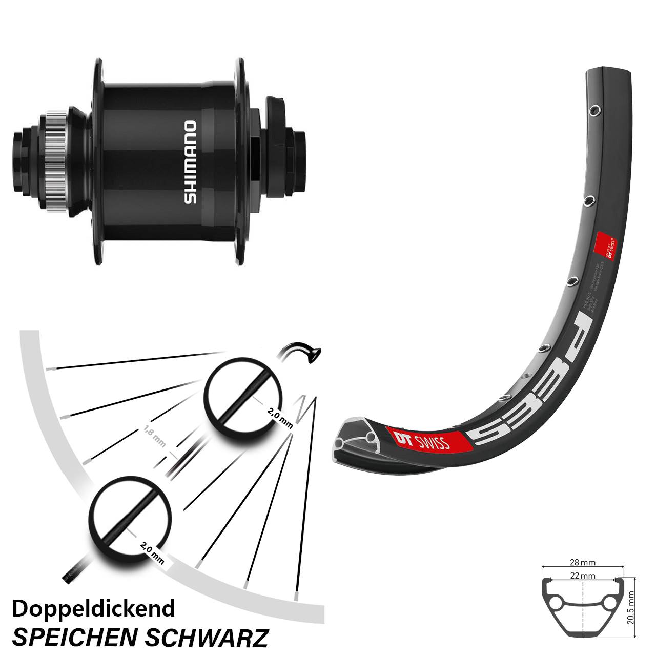 Centerlock Dynamo-Vorderrad 15x100 26 Zoll DT Swiss 533d Shimano DH-UR708-3D