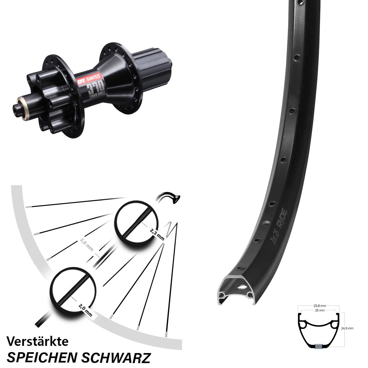 6-Loch Hinterrad 28 Zoll Ryde ZAC 25 DT Swiss 370 Hybrid 8-11 fach HG QR