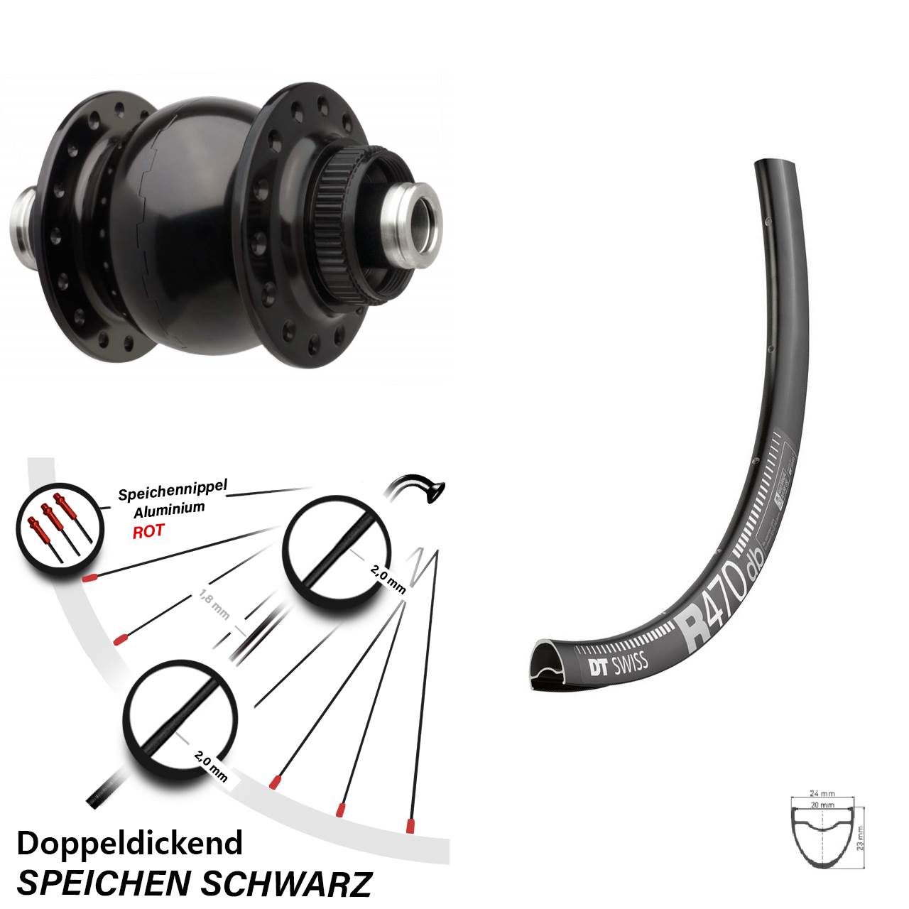 DT Swiss R 470 Disc Vorderrad SON 28 Zoll schwarz Dynamo 12x110 Steckachse