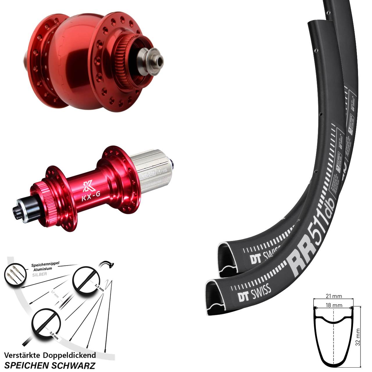 Laufradsatz Centerl. SON 28 Zoll DT Swiss RR 511 KX-G rot 8-12 fach für Schnellspanner