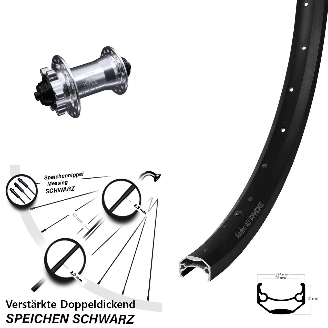Ryde Andra 40 KX-E verstärkt 26 Zoll Vorderrad 6-Loch QR