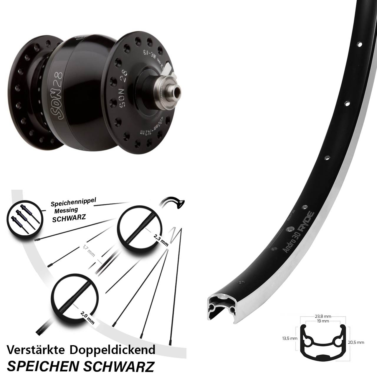 Nabendynamovorderrad QR 26 Zoll Ryde Andra 30 Son 28 schwarz