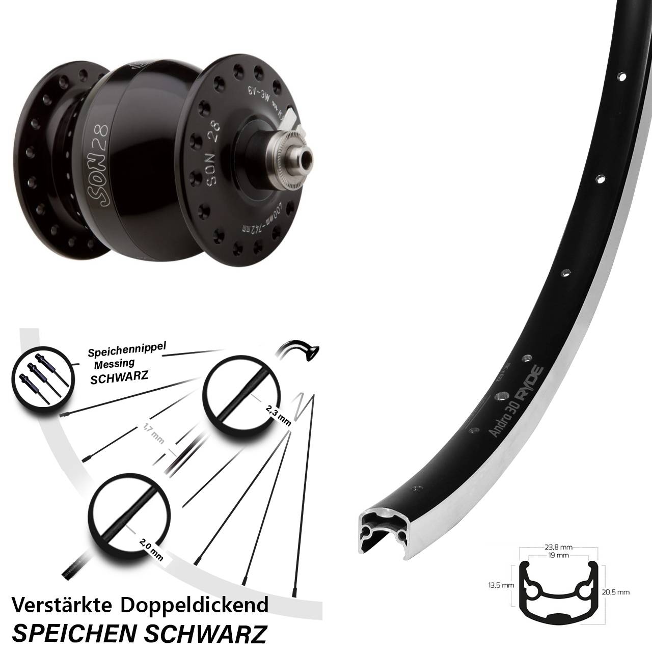 Nabendynamovorderrad QR 26 Zoll Ryde Andra 30 Son 28 schwarz