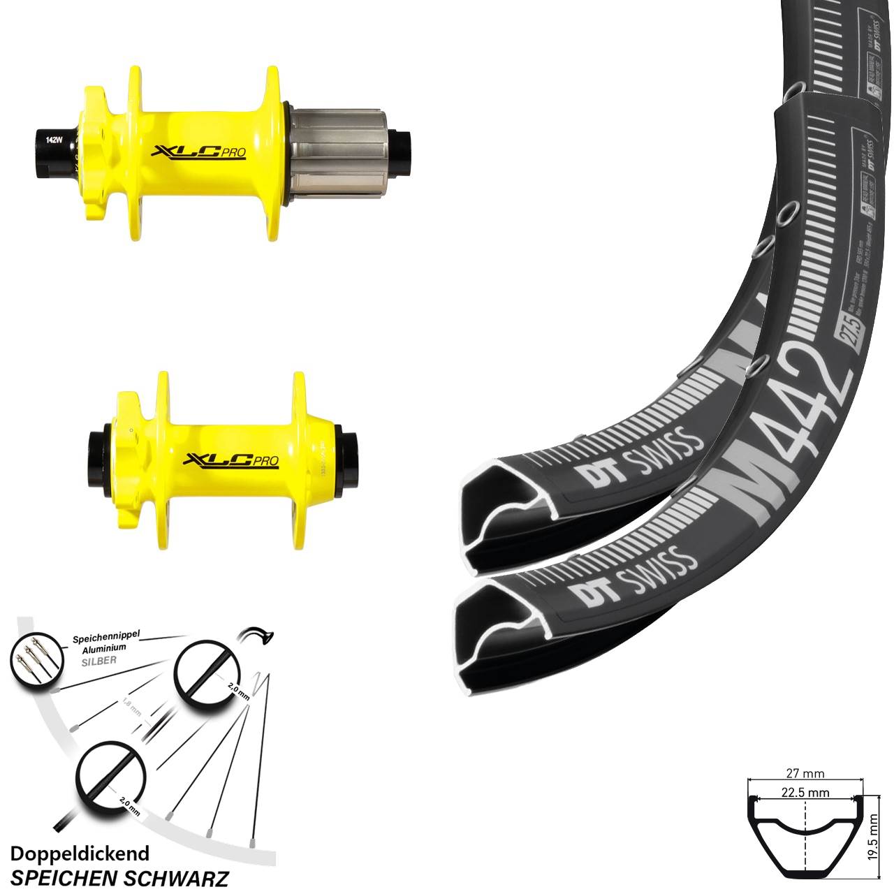 DT Swiss M 442 Laufradsatz 29 Zoll Steckachse 11-fach Formula XLC Pro gelb