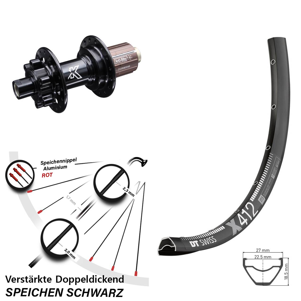 DT Swiss X412 KX-M Shimano Anti-Bite 29 Zoll Hinterrad 6-Loch 12x142 8-12 fach HG