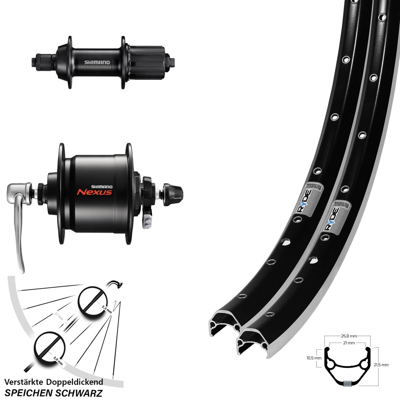 Laufradsatz QR 27,5 Zoll Ryde ZAC 421 Hinterradnabe Shimano DH-C3000 7 fach HG