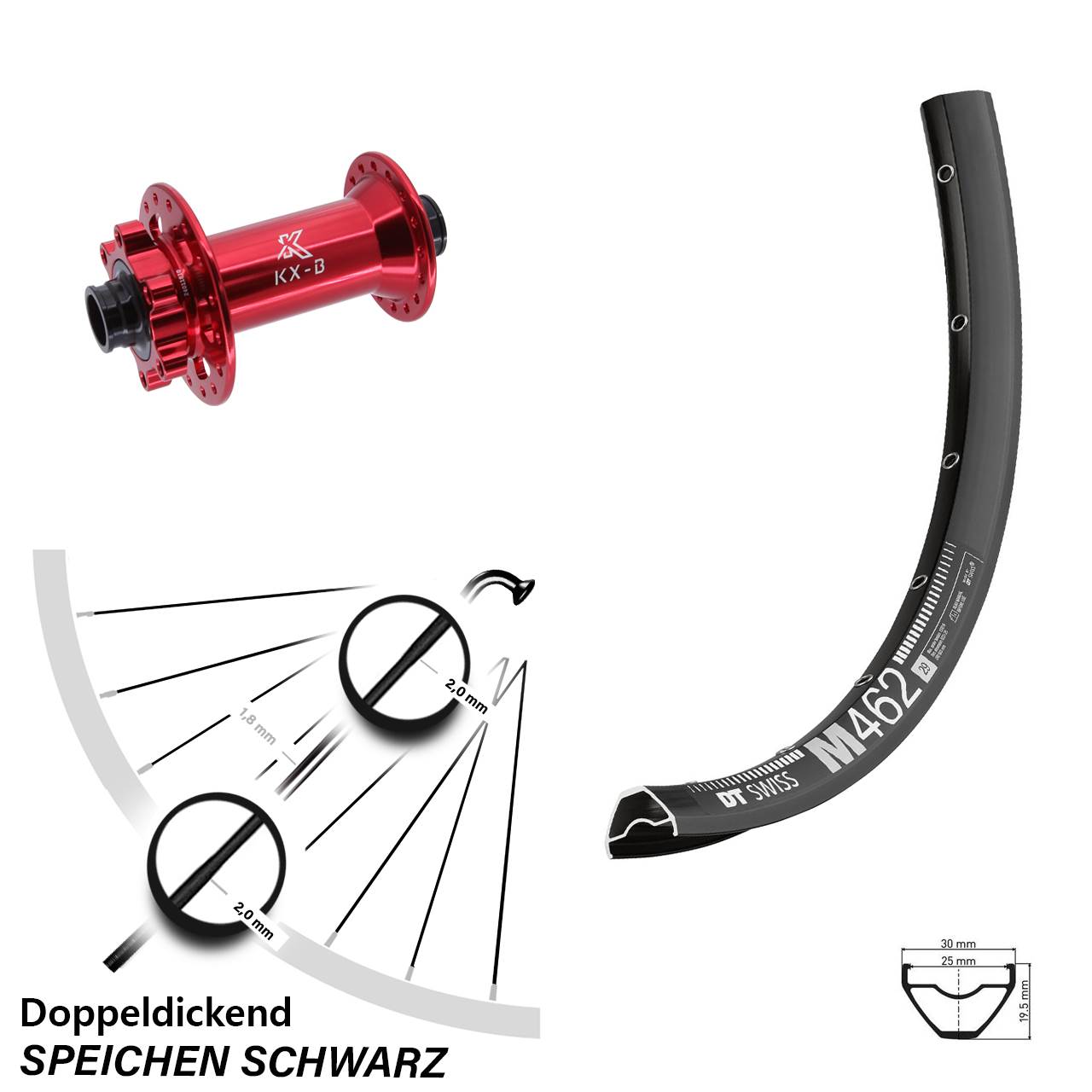 Boost Vorderrad 6-Loch 15x110 27,5 Zoll DT Swiss M462 KX-B rot