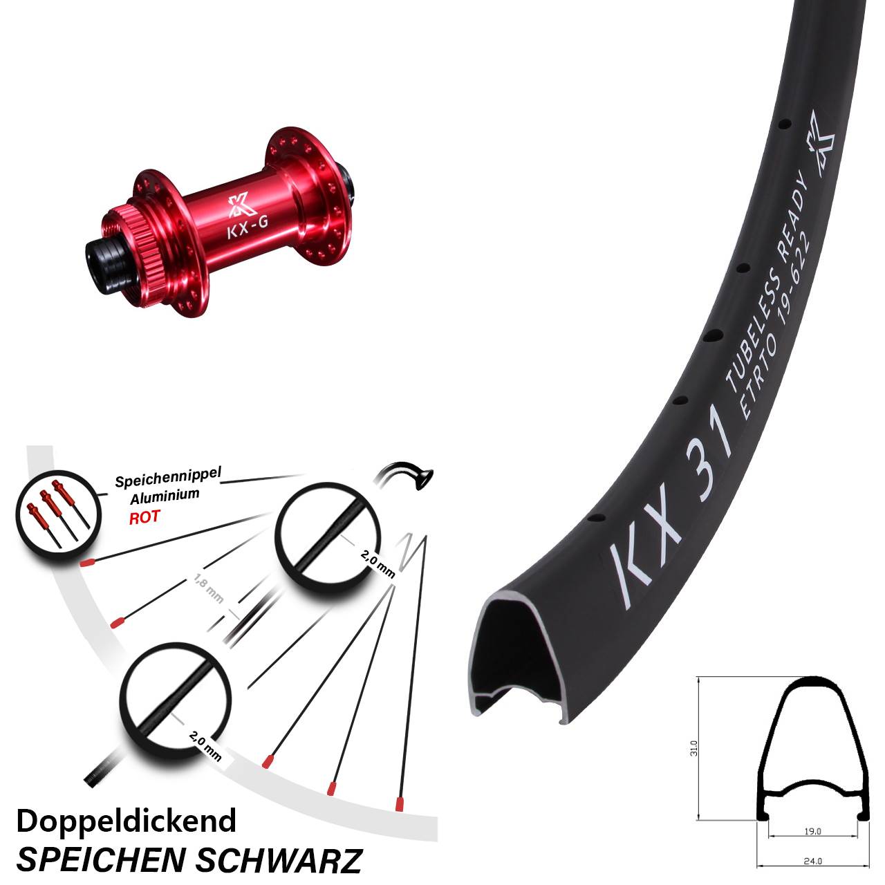 Disc Vorderrad 28 Zoll KX-G 31 rot 12x100