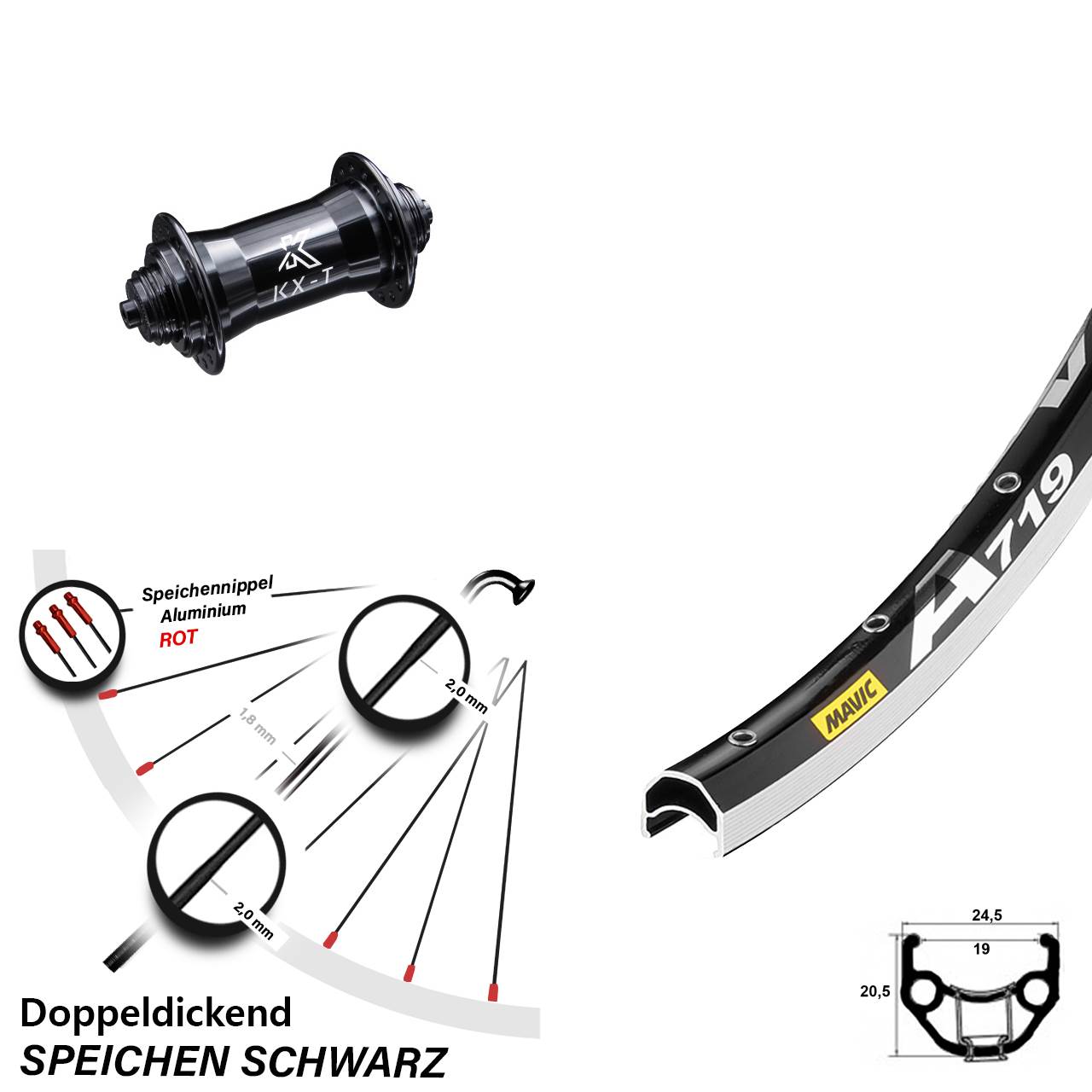 KX-T schwarz Mavic A 719 Vorderrad 28 Zoll Schnellspanner Felgenbremse