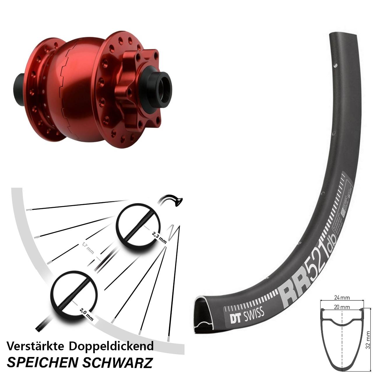 Disc Vorderrad mit Nabendynamo DT Swiss RR 521 SON 28 Zoll rot 15x100