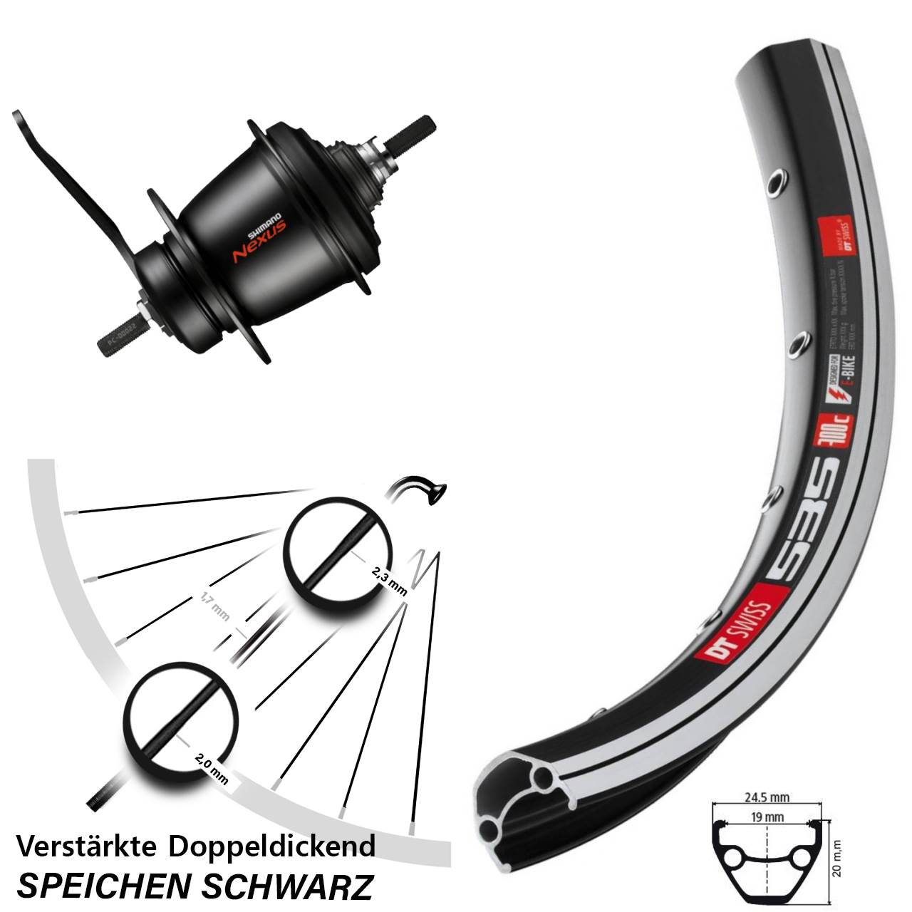 28 Zoll Hinterrad Shimano Nexus SG-C3001 7 Gang Rücktritt DT Swiss 535 schwarz