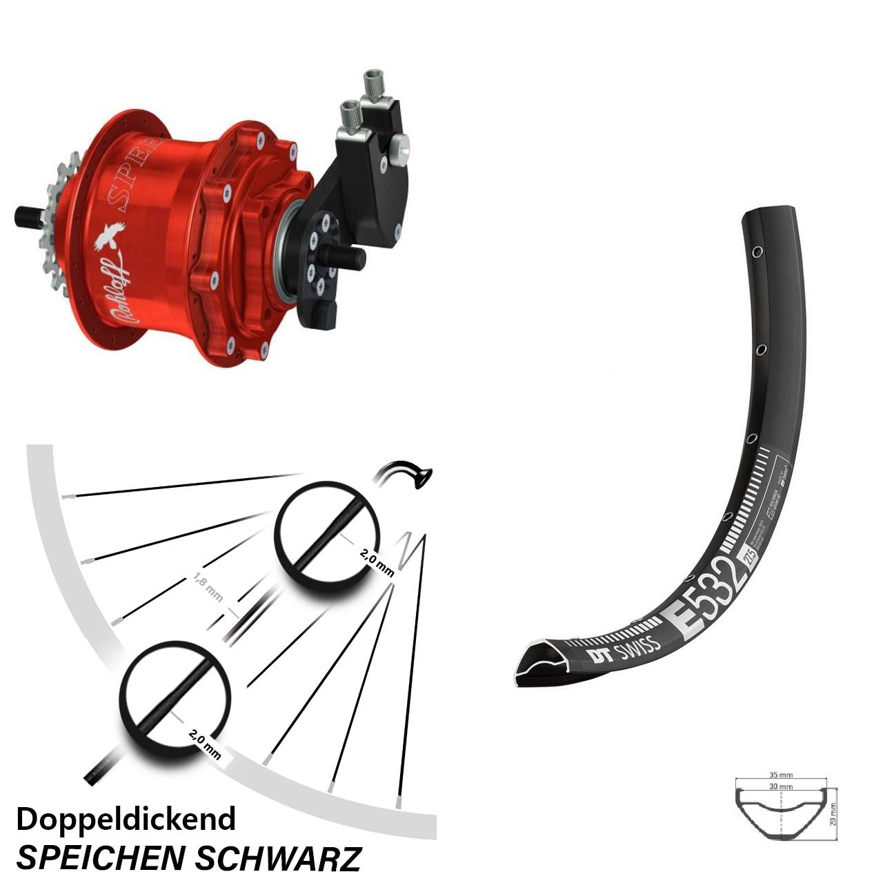 29 Zoll DT Swiss E 532 Rohloff 500/14 TS DB OEM Tandem rot