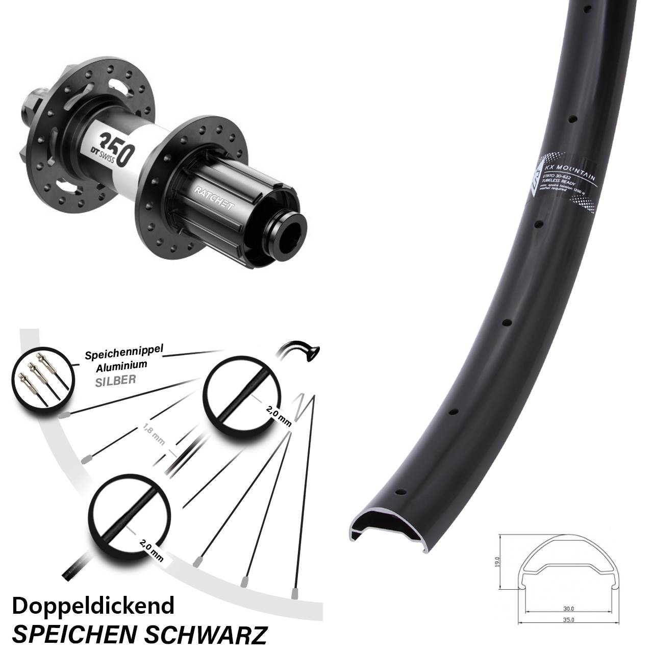 29 Zoll Hinterrad KX Mountain DT Swiss 350 Boost 6-Loch 12x148 mm 11-fach 30-622 ETRTO