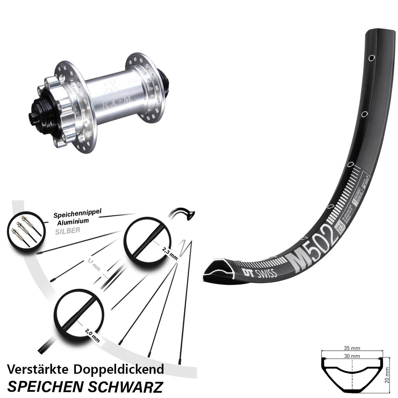 DT Swiss M 502 KX-M 27,5 Zoll Disc Vorderrad für Schnellspanner