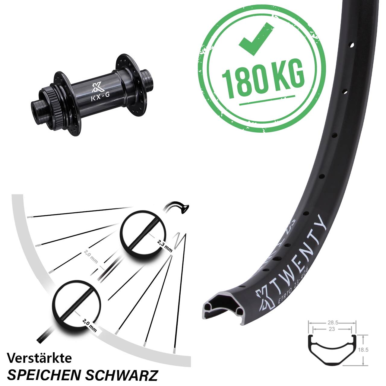 20 Zoll Lastenrad Vorderrad 12x100 mm KX-G Twenty Centerlock