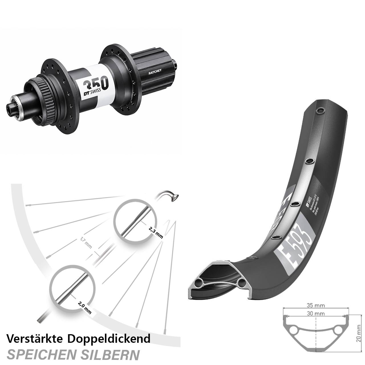 29 Zoll DT Swiss E 593-350 Ratchet 36 Disc Hinterrad QR Boost 8-11 fach HG
