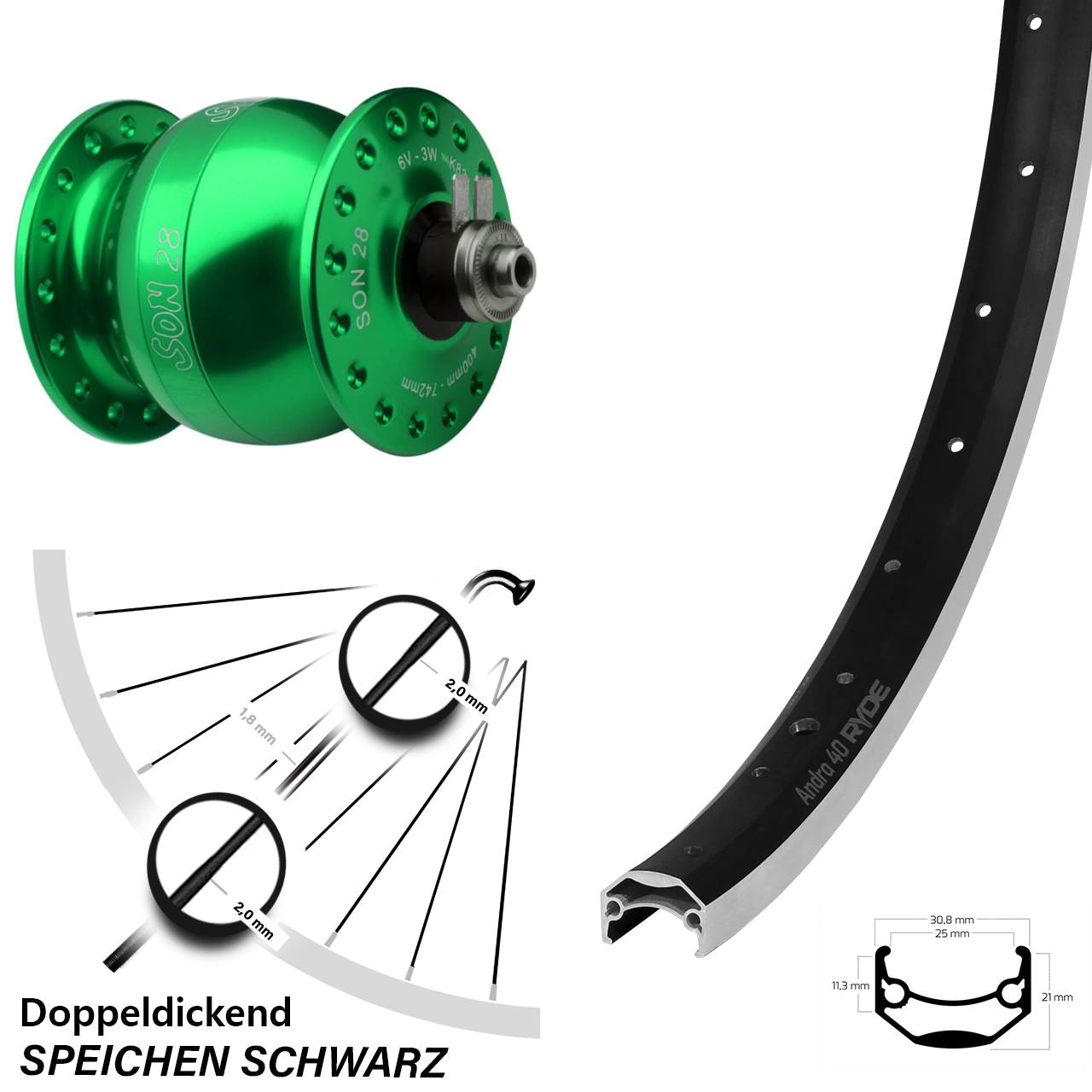 grün eloxierter Son 28 Zoll Fahrrad Nabendynamolaufrad Ryde Andra 40