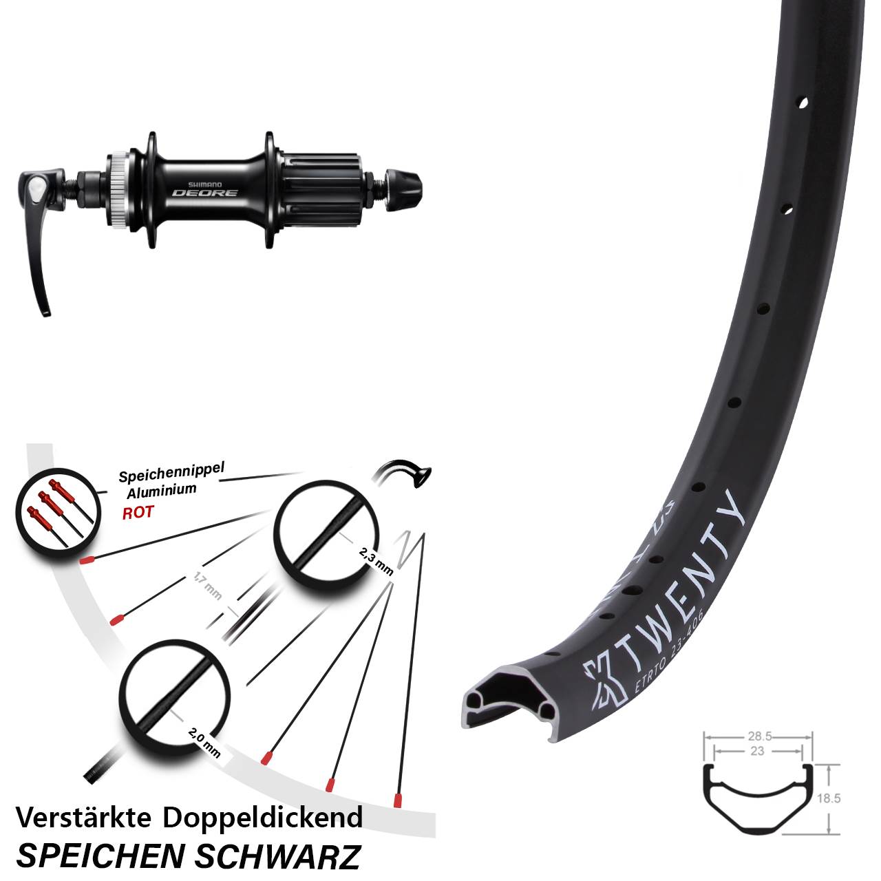 Hinterrad für Schnellspanner 20 Zoll KX Twenty Shimano Deore 8-11 fach HG