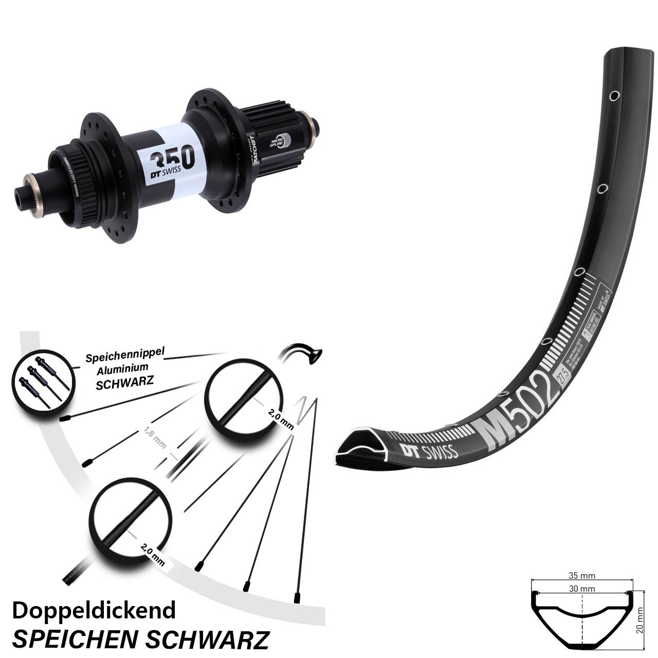 DT Swiss M 502-350 27,5 Zoll Disc Hinterrad QR Micro Spline