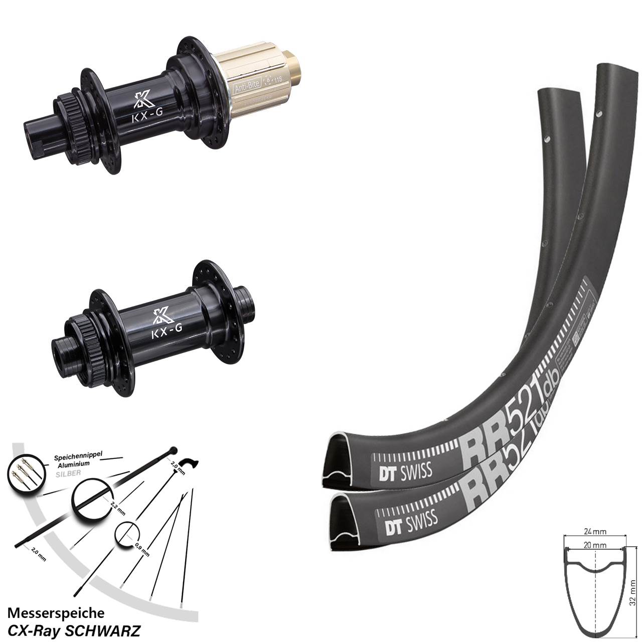 DT Swiss RR 521 KX-G Road schwarz Steckachse CX Ray Messerspeiche 28 Zoll Laufradsatz