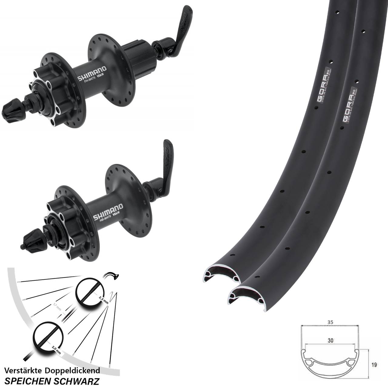 27,5 Zoll Gora 30 Shimano FH-M475 HB-M475 6-Loch Laufradsatz QR 8-11 fach HG