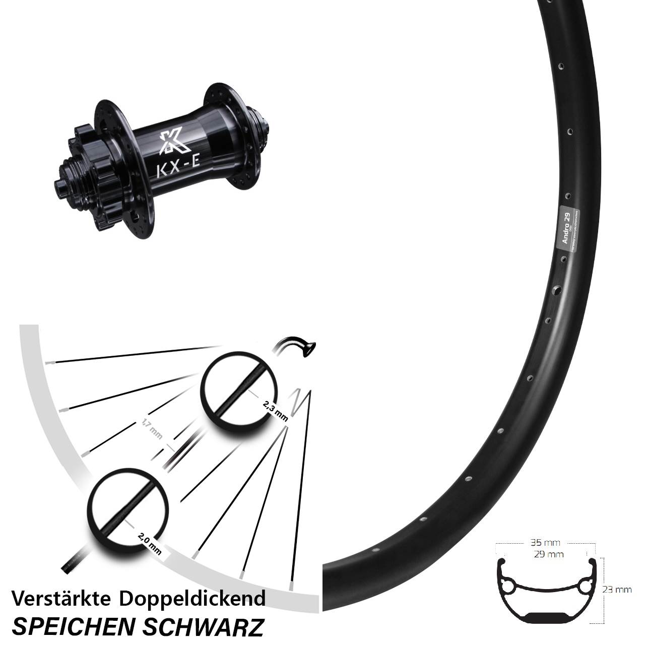 20 Zoll Vorderrad KX-E Nabe 5x100 mm 6-loch Ryde Andra 29 Disc für Schnellspanner