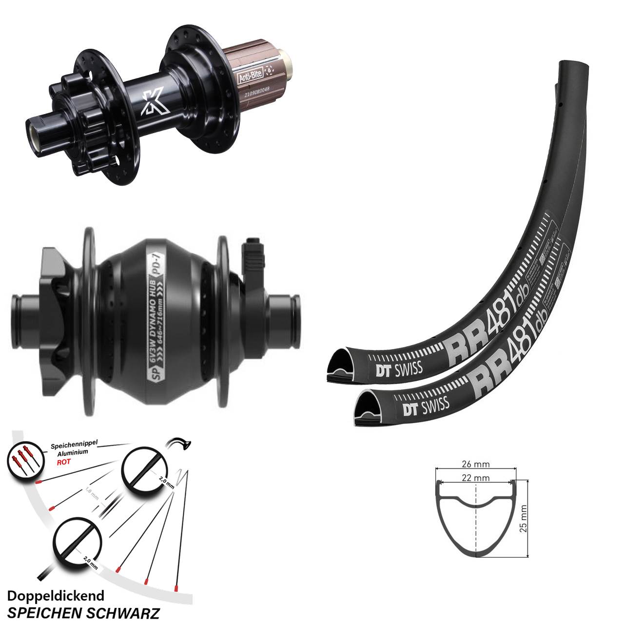 Laufradsatz 28 Zoll DT Swiss RR 481 KX-M Shimano Anti-Bite Shutter PD-7 8-12 fach HG