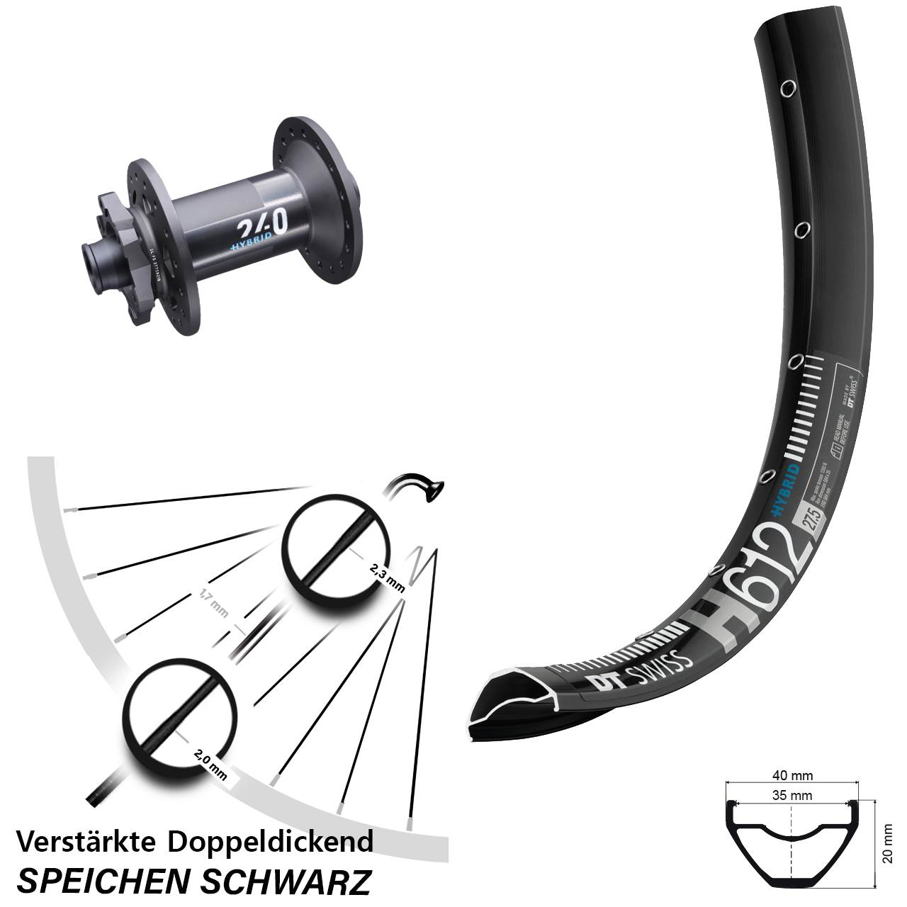 27,5 Zoll Vorderrad H 612 DT Swiss 240 Hybrid Boost 15x110 mm E-Bike 35-584 ETRTO