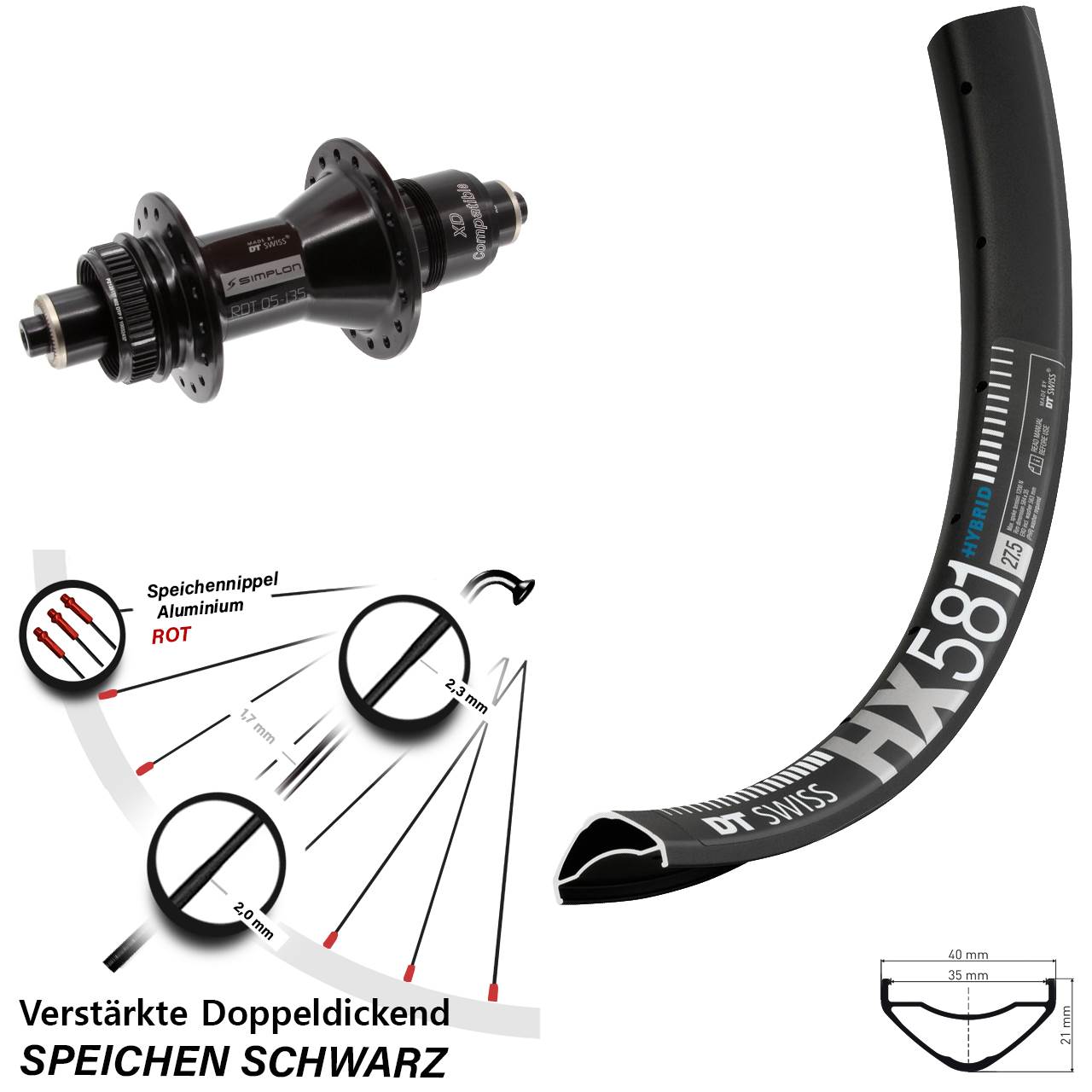 27,5 Zoll DT Swiss HX581-370 Hinterrad Centerlock für Schnellspanner XD 11-12 fach