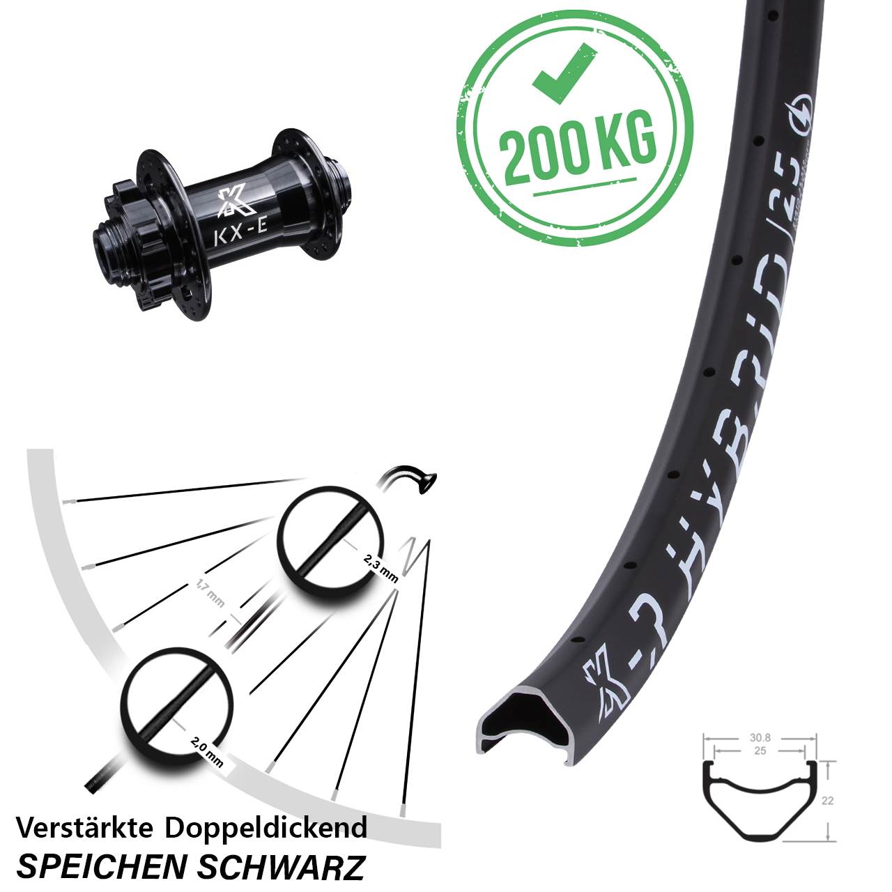 KX-ER Hybrid 25 Vorderrad E-Bike 26 Zoll verstärkt Steckachse 15x100 mm 6-Loch schwarz