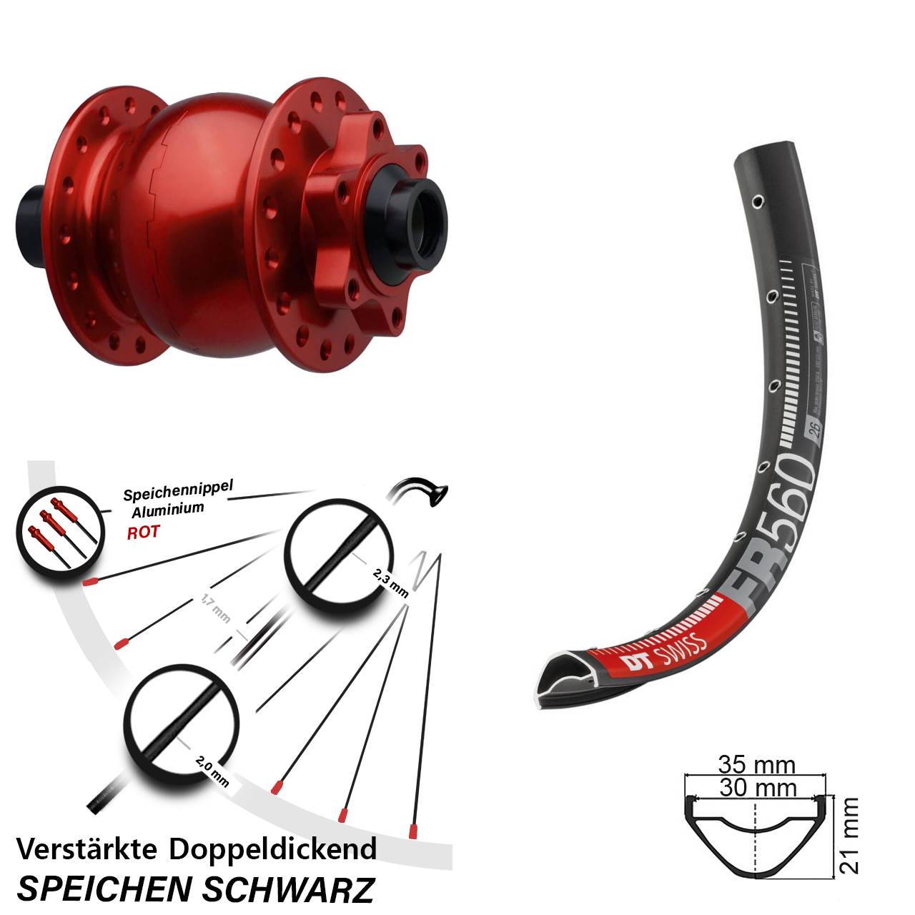 SON 28 rot DT Swiss FR 560 26 Zoll 6-Loch Nabendynamo-Vorderrad 15x110 Boost