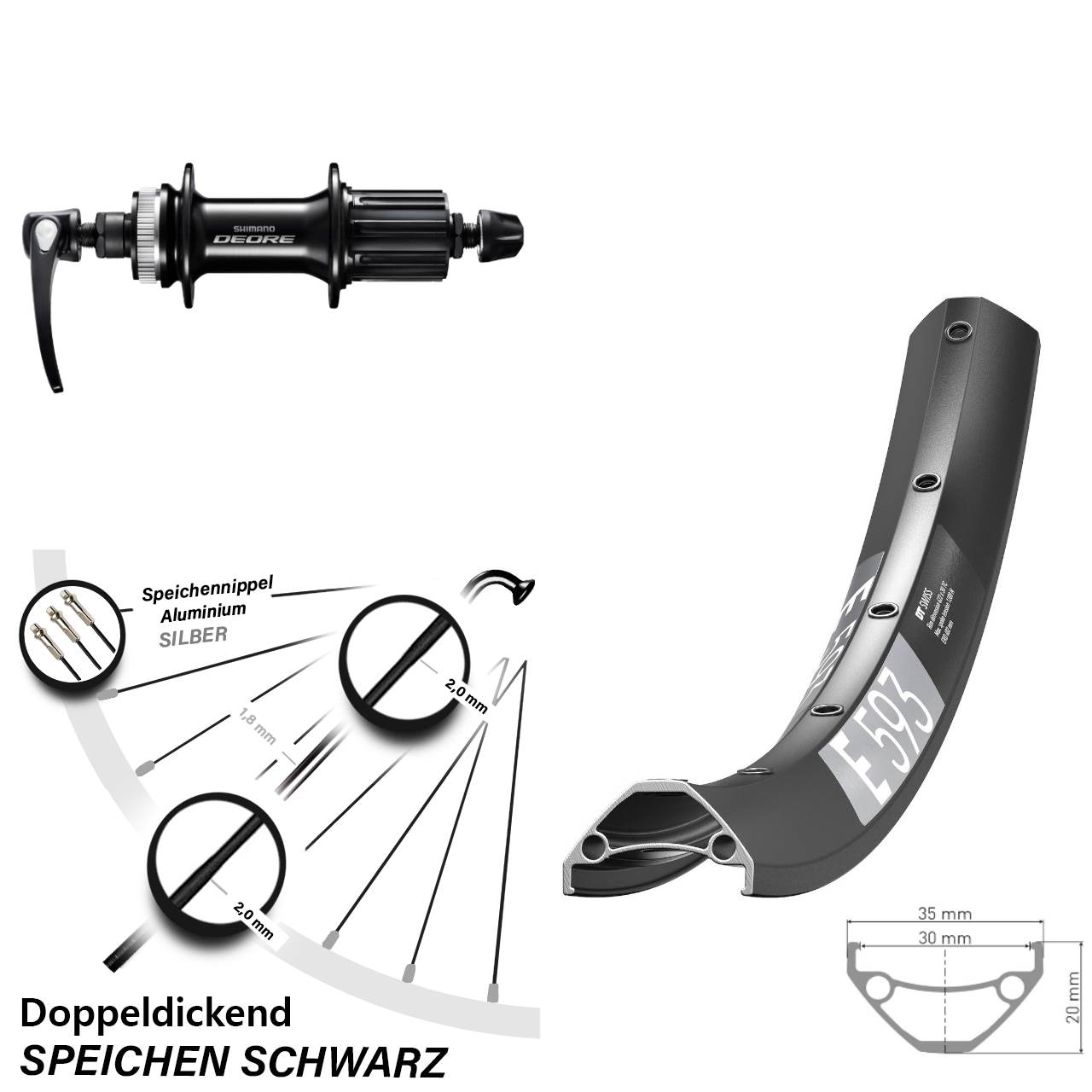 DT Swiss E 593 Shimano Deore 27,5 Zoll Centerlock Hinterrad QR 8-11 fach HG