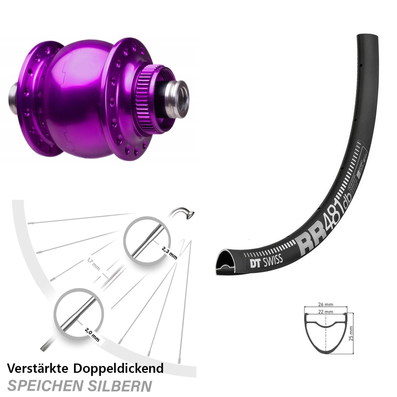 Centerlock Vorderrad mit Dynamo DT Swiss RR 481 SON 28 Zoll violett 12x100