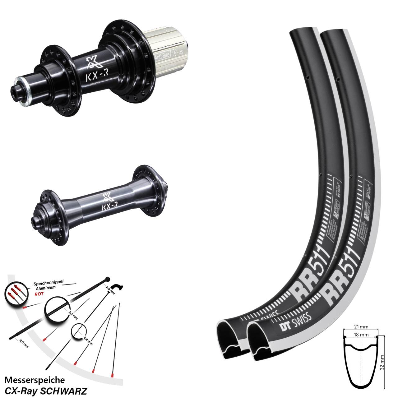 Rennrad Laufradsatz 28 Zoll Messerspeiche Sapim CX-Ray DT Swiss RR 511 KX-R schwarz