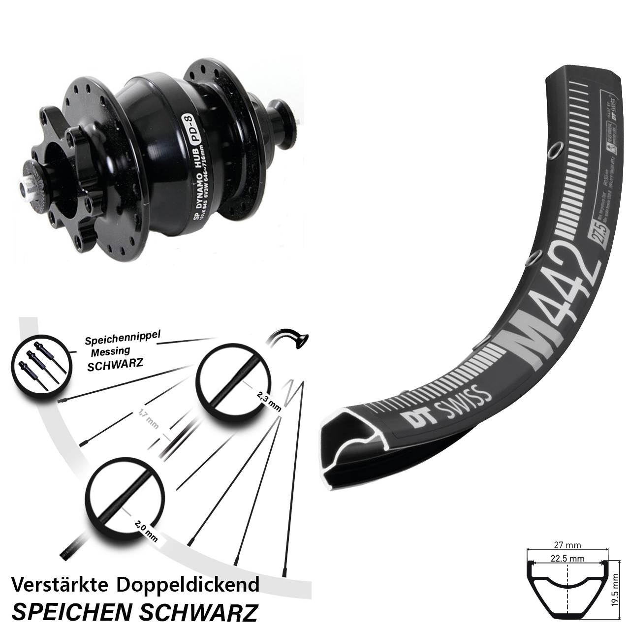 DT Swiss M 442 Shutter PD-8 28 Zoll Disc Laufrad mit Nabendynamo für Schnellspanner