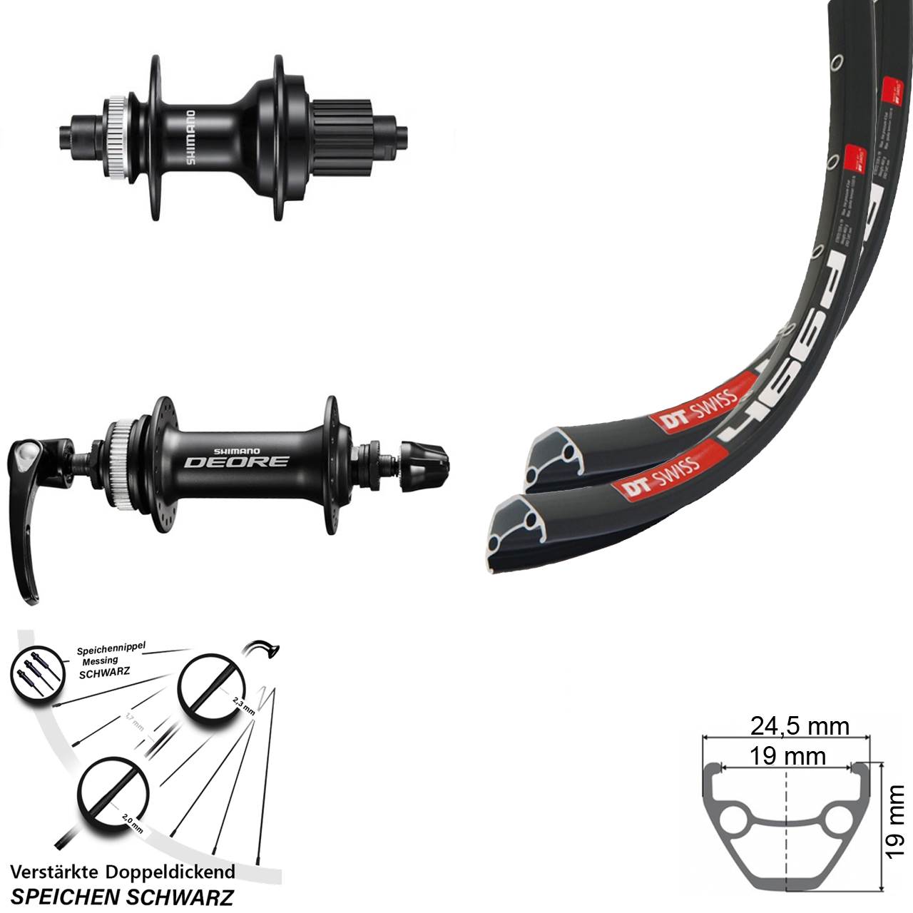 28 Zoll DT Swiss 466d Shimano FH-MT500 Deore HB-M6000 Disc Laufrad-Satz QR Micro Spline
