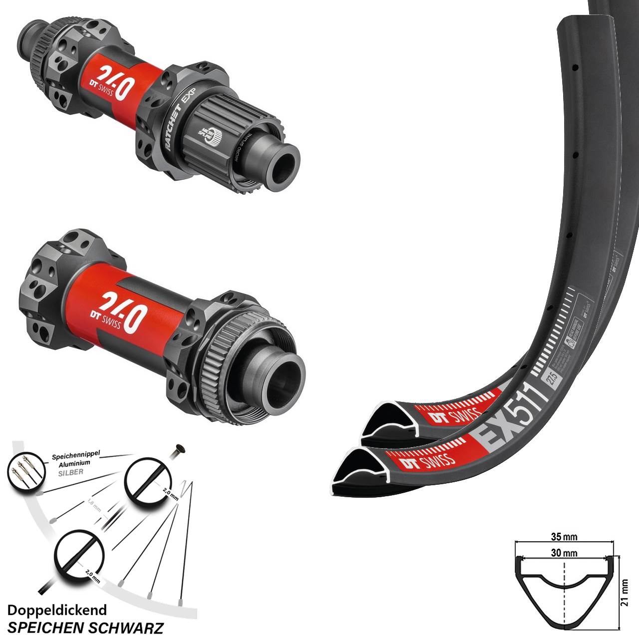 Laufradsatz Mullet 27,5 & 29 Zoll 240 EXP DT Swiss EX 511 Straightpull Boost Micro Spline