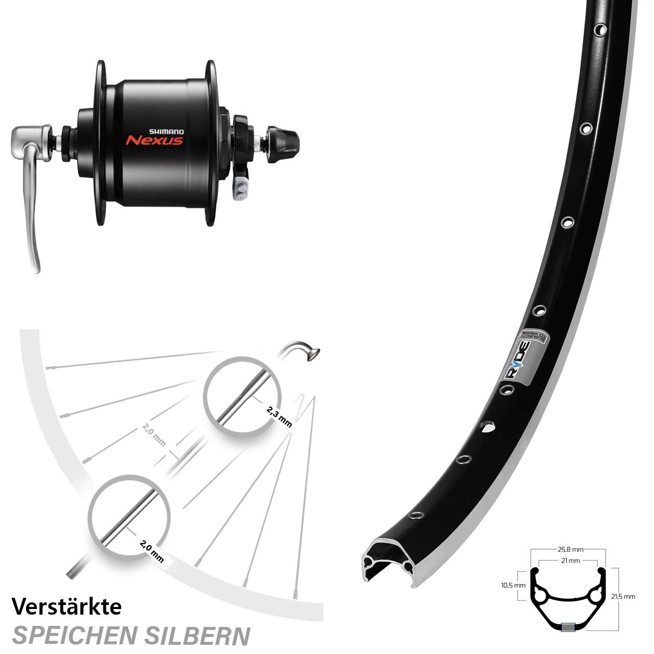 Vorderrad Nabendynamo Shimano Nexus DH-C3000 Ryde ZAC421 27,5 Zoll QR schwarz