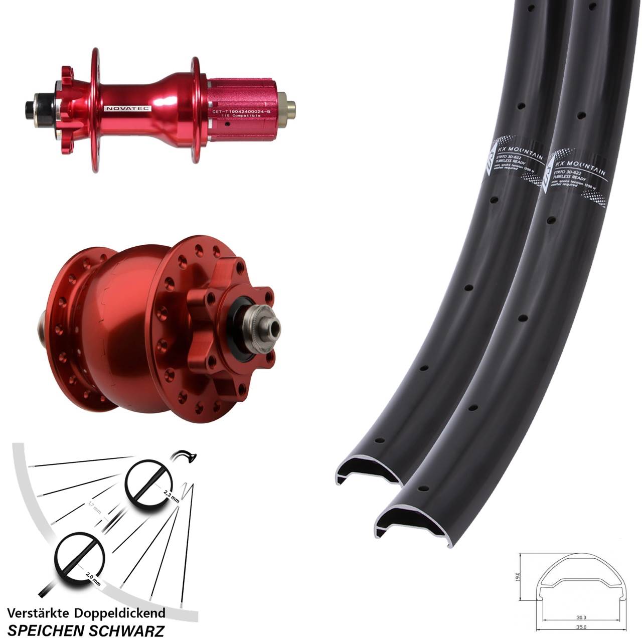 Disc Laufrad-Satz QR 29 Zoll KX Mountain Novatec D792 SON 28 rot 8-12 fach