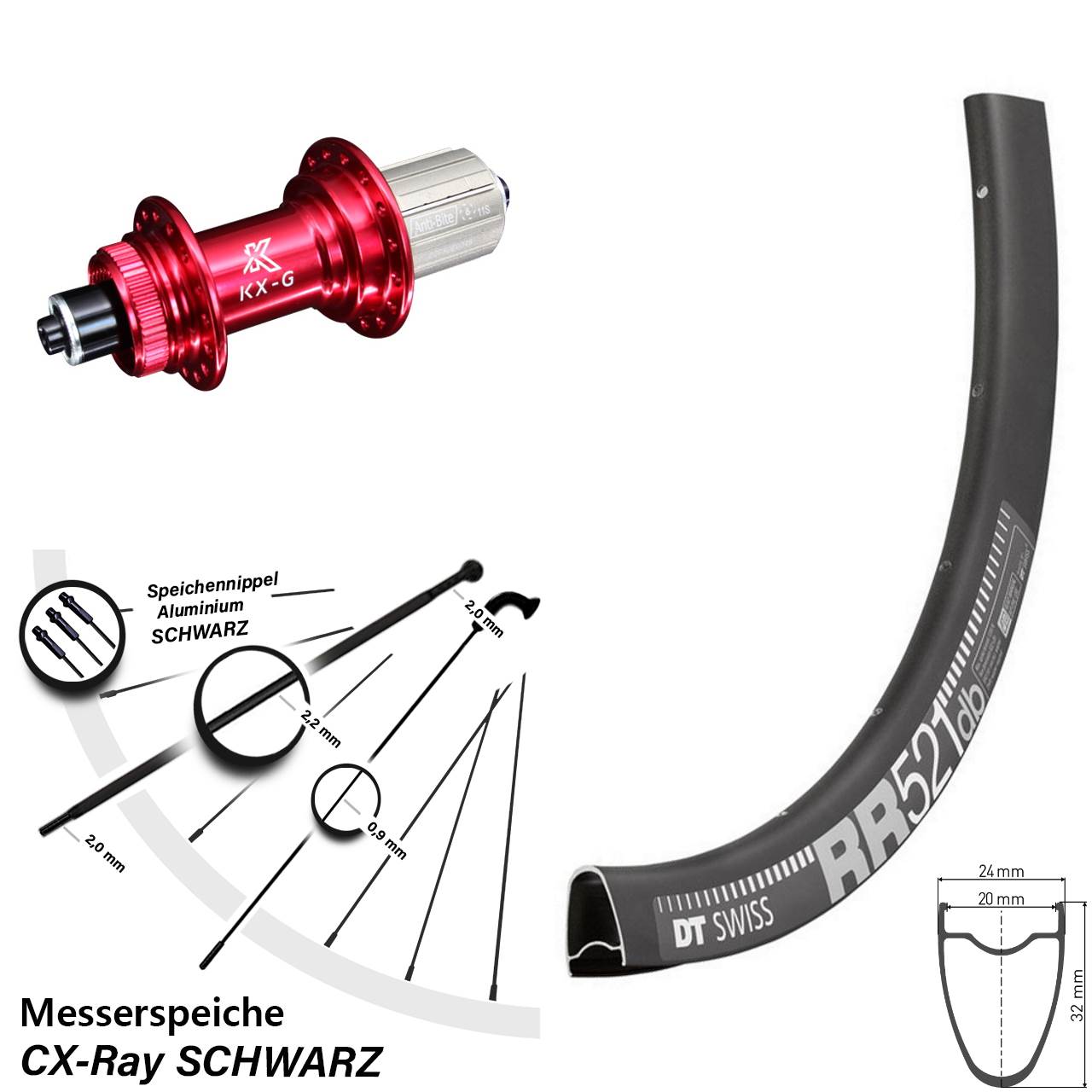 Centerlock Hinterrad 28 Zoll DT Swiss RR 521 KX-G rot 8-12 fach für Schnellspanner CX-Ray