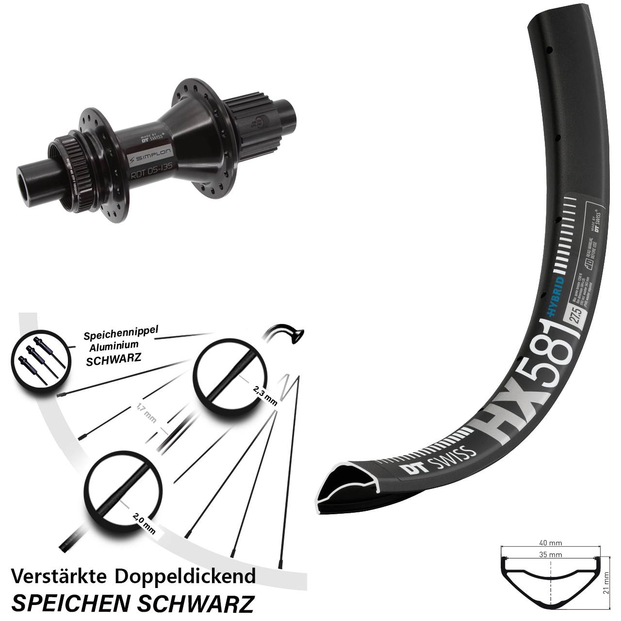 Hinterrad Centerlock 27,5 Zoll DT Swiss HX581 DT Swiss 370 Hybrid Micro Spline 12x142