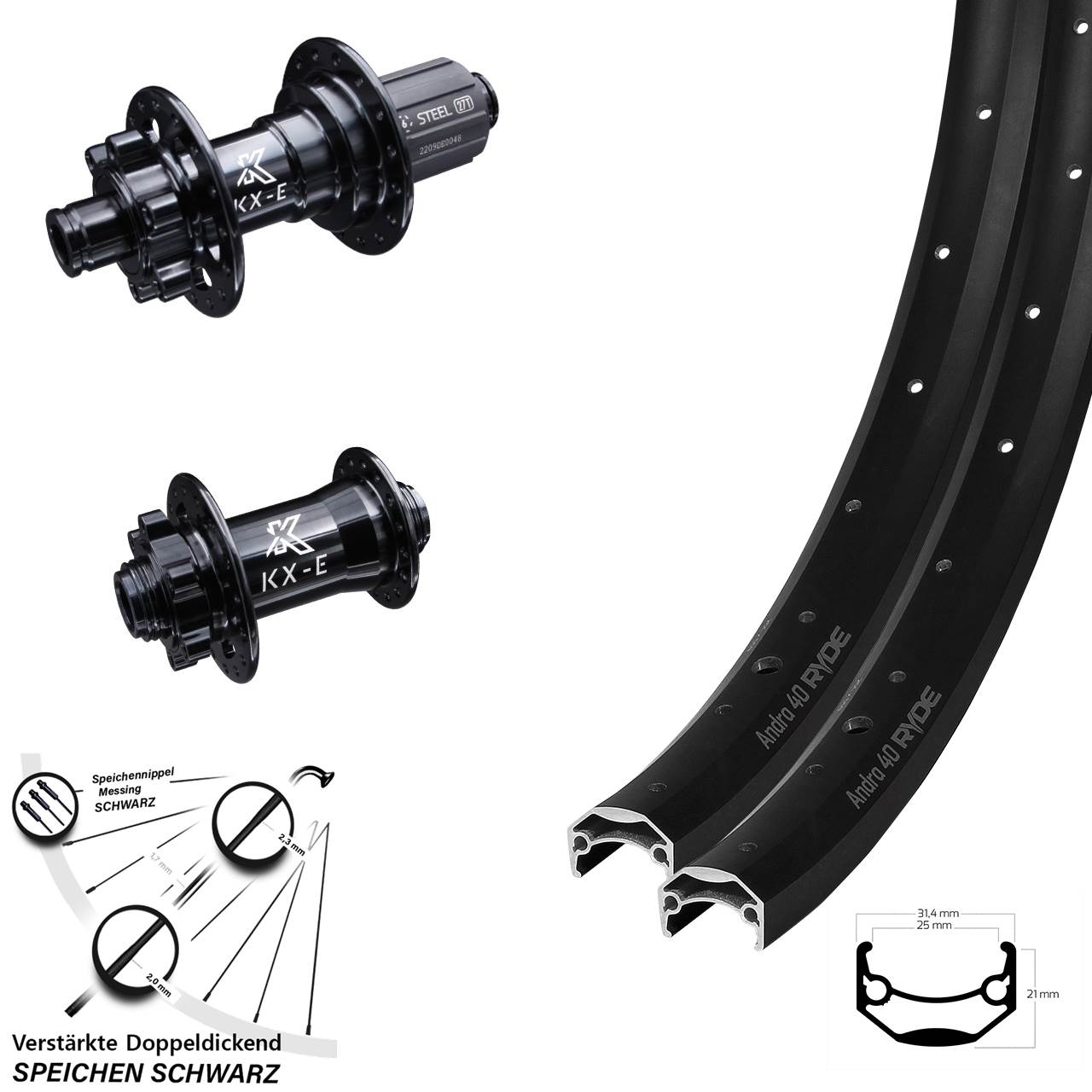 27,5 Zoll Ryde Andra 40 KX-E Heavy Duty 6-Loch Laufradsatz 15x100 12x142 8-12 fach HG