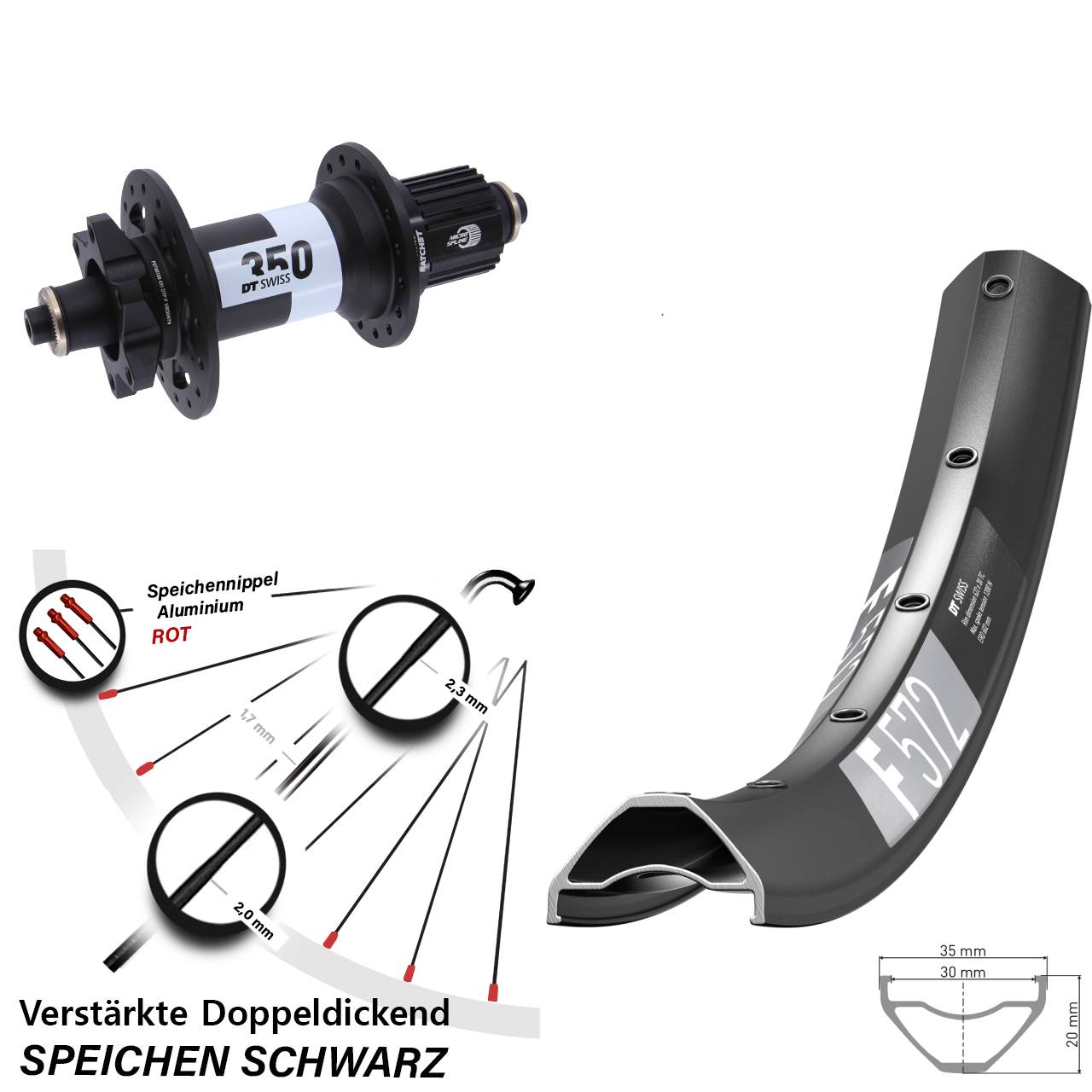 650B DT Swiss F 572 350 Ratchet 36 6-Loch Hinterrad QR Boost Shimano Micro Spline