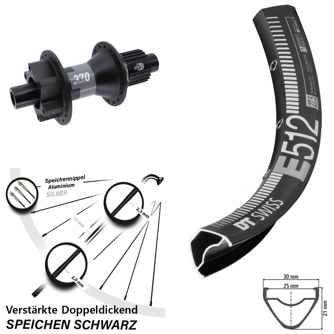 DT Swiss E512-370 27,5 Zoll Hinterrad 6-Loch Disc 12x142 Shimano Micro Spline