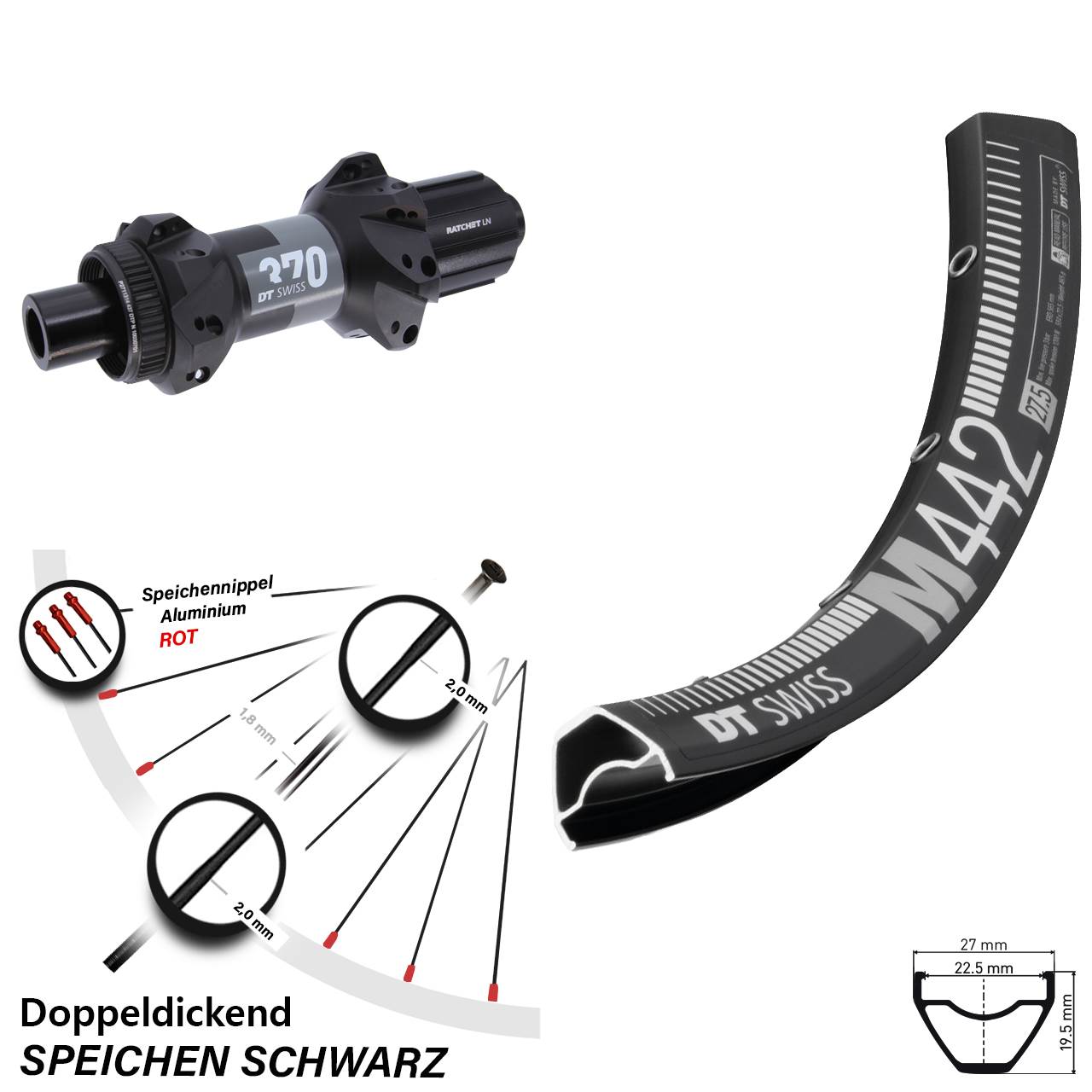 DT Swiss M 442-370 28-29 Zoll Hinterrad Centerlock 12x148 8-11 fach HG