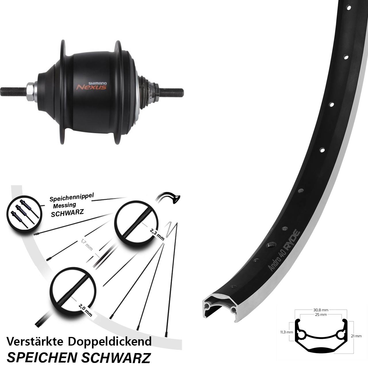 Hinterrad 20 Zoll Ryde Andra 40 Shimano Nexus 8 Gang Premium
