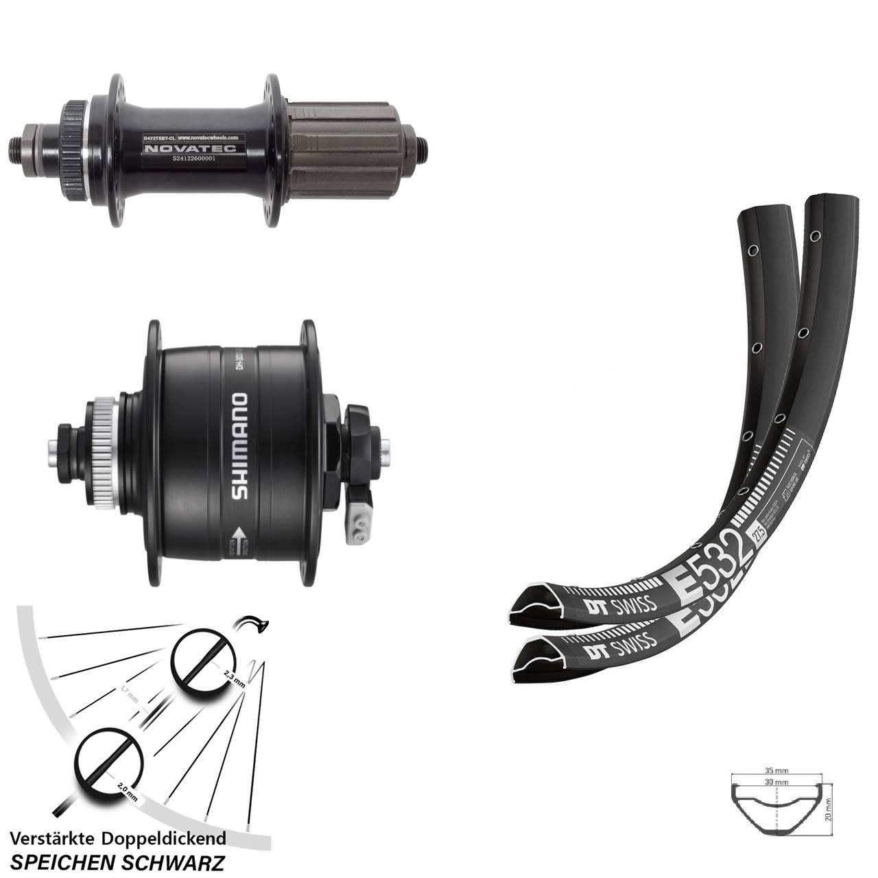 29 Zoll DT Swiss E 532 Novatec D472 Shimano DH-3D37 Laufradsatz Centerlock QR 8-12 fach HG