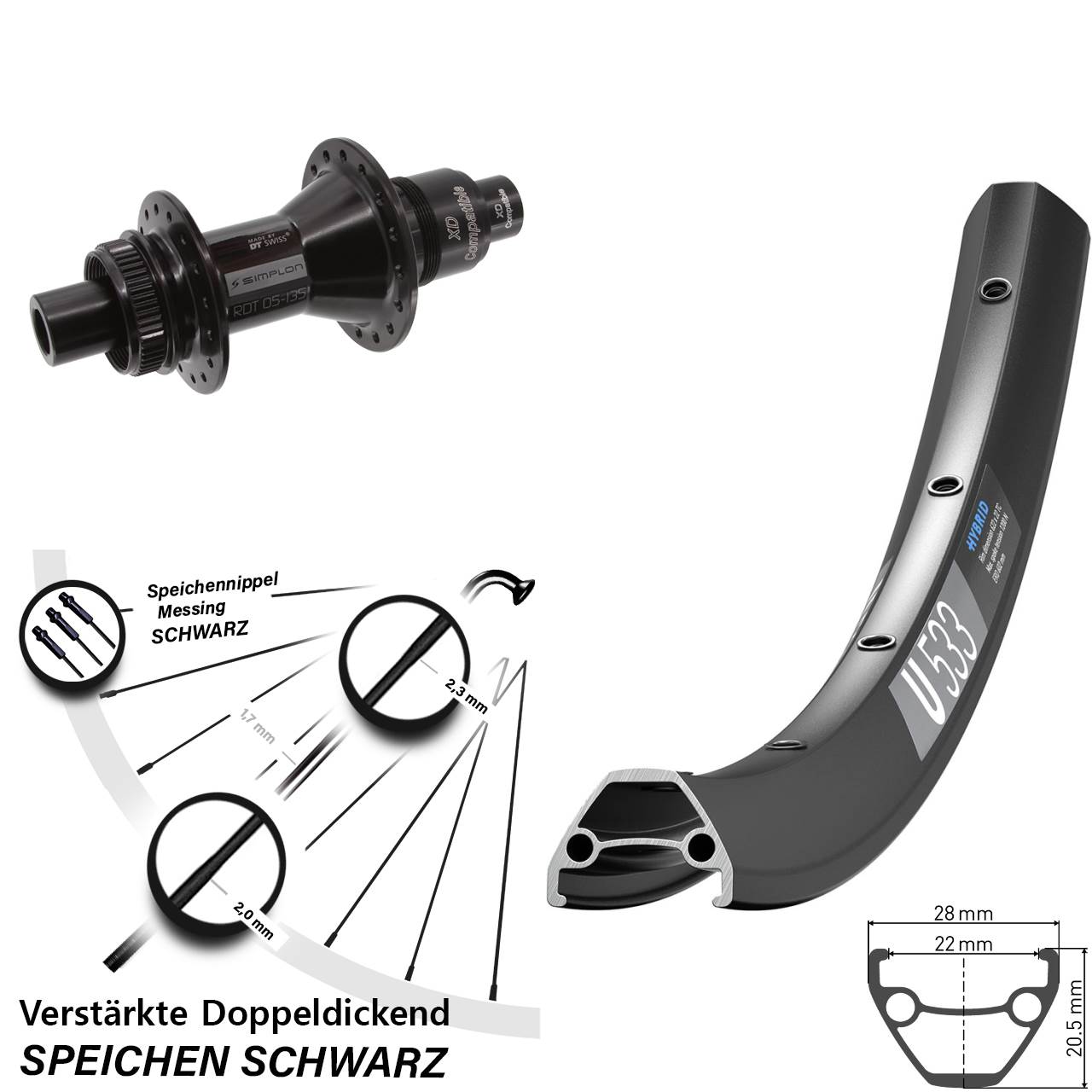 650B DT Swiss U533 DT Swiss 370 Hinterrad Centerlock 12x142 XD